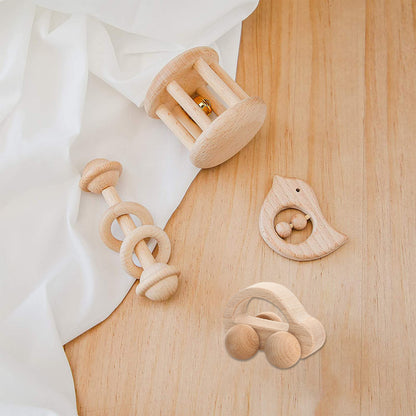 Natural Wooden Baby Rattle and Car Toy Set for Intellectual Development